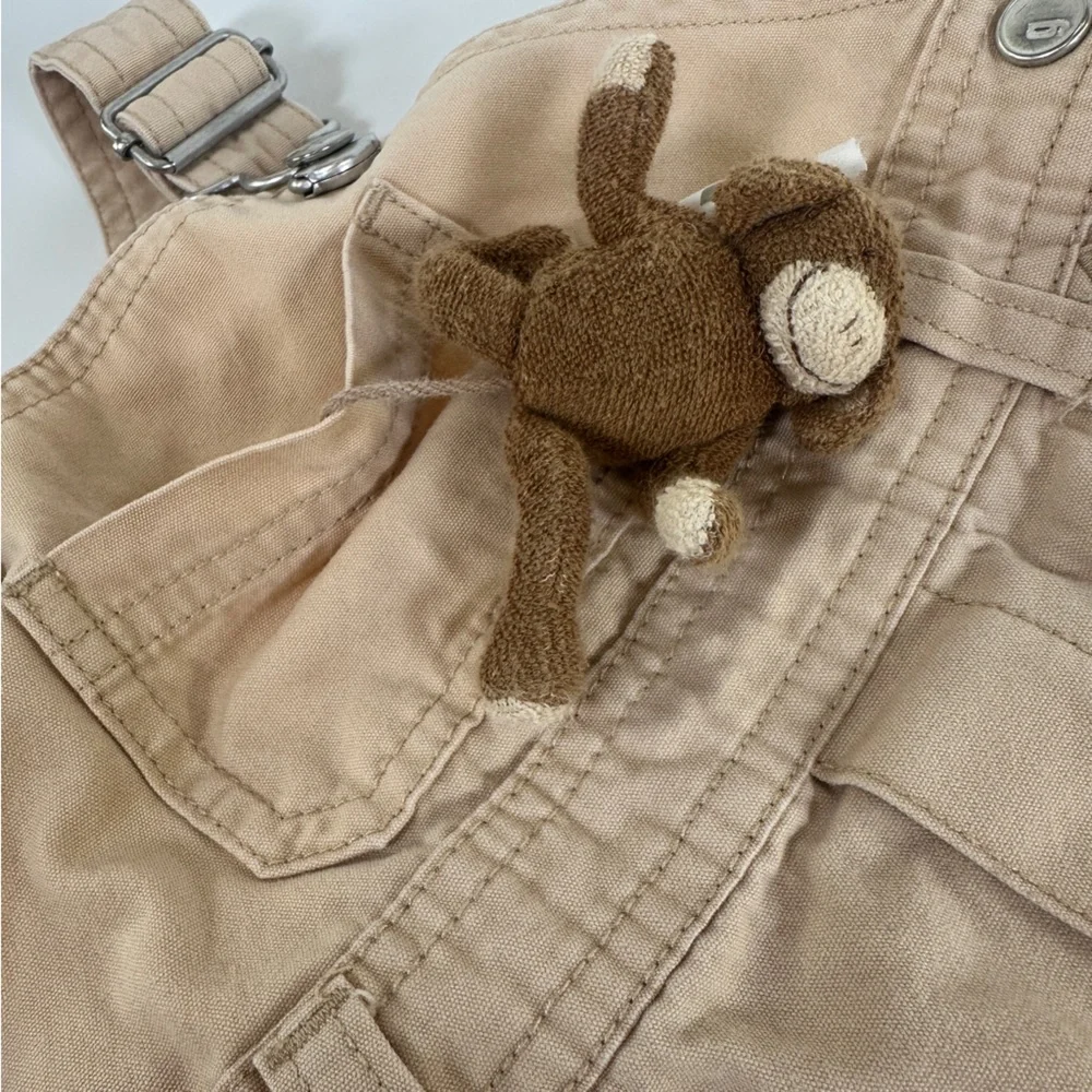 VTG Gymboree Monkey Pocket Pal‎ Tan Khaki Shorts Shortalls Overalls 6-9 months